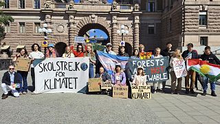 Greta Thunberg posa con otros jóvenes activistas por el clima en Estocolmo, Suecia, el viernes 9 de junio de 2023.