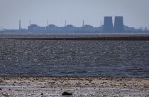 The Zaporizhzhia nuclear power plant is seen in the background of the shallow Kakhovka Reservoir.