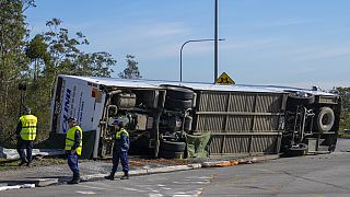 Police inspect underside of bus that rolled in Hunter Valley, Australia