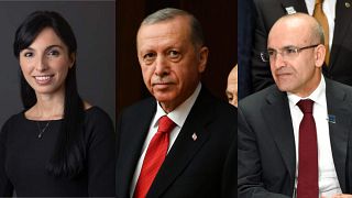Merkez Bankası Başkanı Hafize Gaye Erkan, Cumhurbaşkanı Recep Tayyip Erdoğan, Hazine ve Maliye Bakanı Mehmet Şimşek