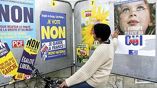 Fransa'da, 2005 Avrupa Anayasası referandumuyla ilgili posterlere bakan bir genç / Arşiv