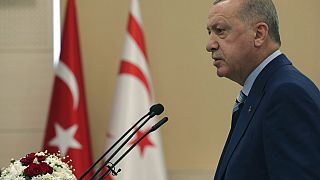 Turkey's President Recep Tayyip Erdogan addresses the Turkish Cypriot Parliament, in Nicosia, Cyprus, on July 19, 2021.