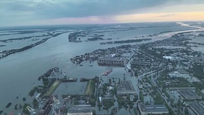 A drone image from 10, June 2023, shows the extend of flooding in Ukraine's Kherson region after the Kakhovka Dam collapse.