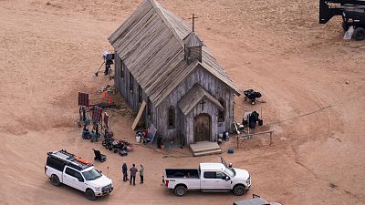 This aerial photo shows the movie set of 'Rust' at Bonanza Creek Ranch, Oct. 23, 2021, in Santa Fe, N.M.