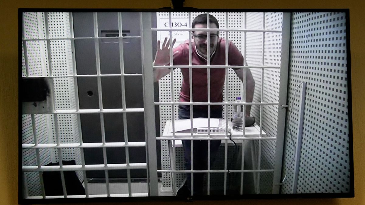 Russian opposition activist appears in a video link provided by the Russian Federal Penitentiary Service in a Moscow. 19 April 2023