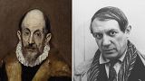 A exposição explora a influência de El Greco (suposto autorretrato à esquerda) no cubismo de Picasso (à direita).