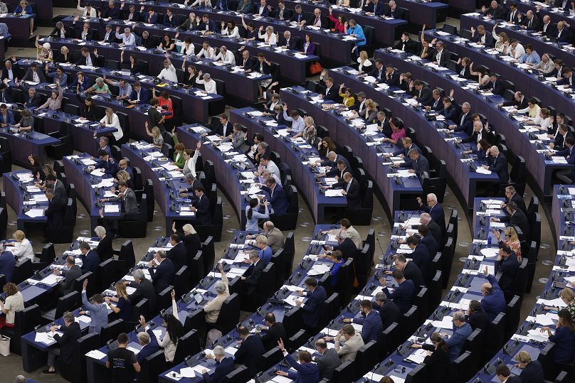 Lawmakers vote on the Artificial Intelligence act Wednesday, June 14, 2023 at the European Parliament in Strasbourg, eastern France.