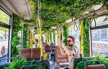 El coche que circulaba por la línea 1 se había transformado por un día en un exuberante jardín móvil, con plantas apretujadas en todos los espacios disponibles.