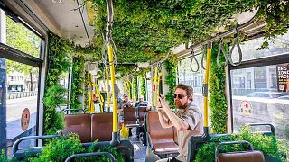 The car running on line 1 had been transformed into a lush mobile garden for a day, with plants squeezed into every available space.