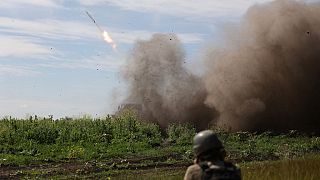 Ukrainian soldiers firing rockets near Bakhmut in the Donetsk region on June 13, 2023.