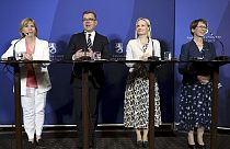 Anna-Maja Henriksson (parti populaire suédois), Petteri Orpo (parti de la coalition nationale), Riikka Purra (Parti des Finalndais) et Sari Essayah (Chrétiens démocrates)