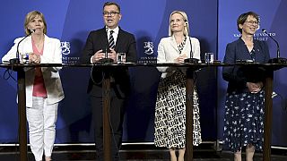 La presidenta del Partido Popular Sueco, Anna-Maja Henriksson, , Petteri Orpo, Riikka Purra, y Sari Essayah. 
