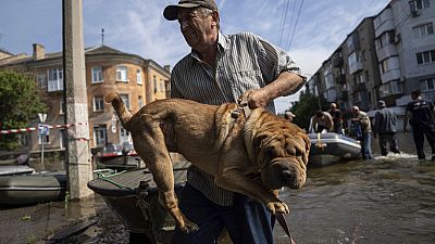 FILE - A man carries his dog after evacuation from a flooded neighborhood of the left bank Dnipro river, in Kherson, Ukraine, Friday, June 9, 2023.