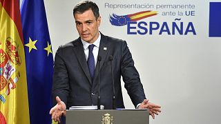 Spain's Prime Minister Pedro Sanchez speaks during a media confernce at an EU summit in Brussels, March 24, 2023.