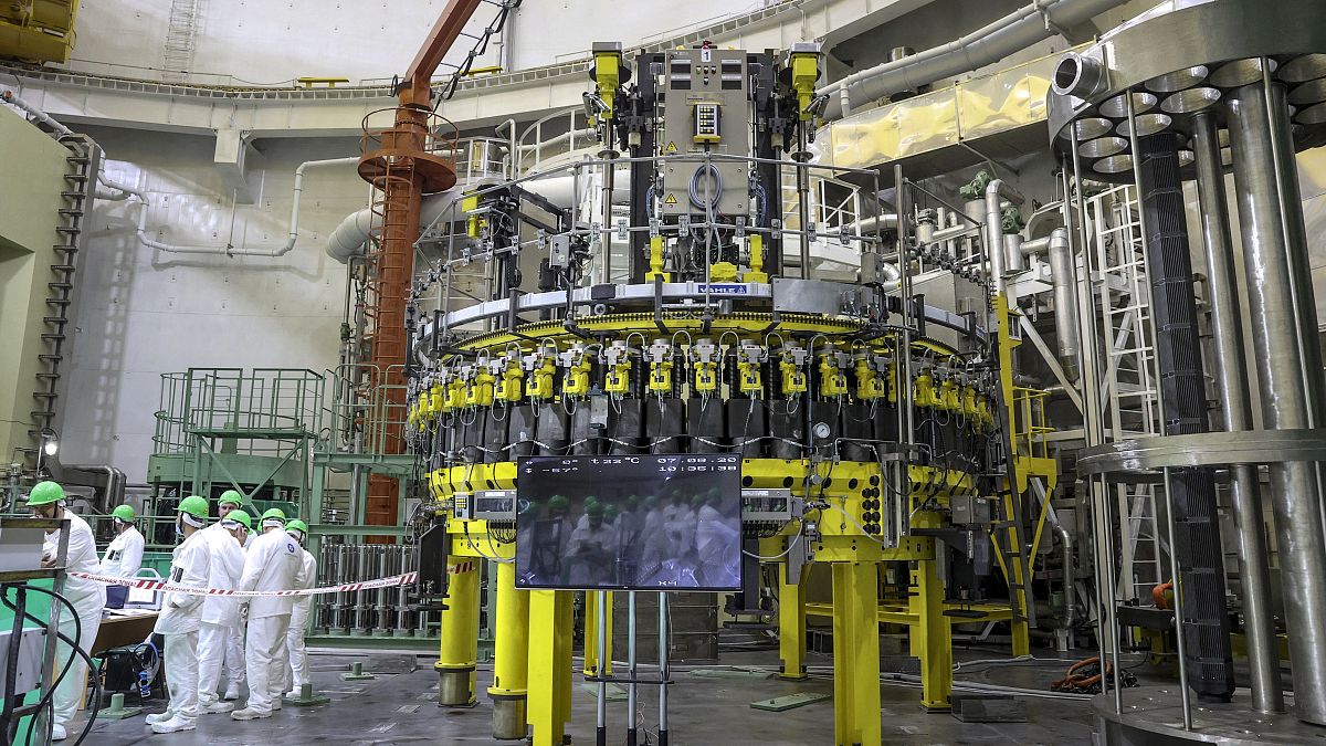 بارگیری سوخت هسته‌ای در اولین نیروگاه هسته‌ای بلاروس که توسط شرکت هسته‌ای دولتی روسیه روساتوم، در نزدیکی آستراوتس، بلاروس ساخته شد، کار می‌کنند. جمعه، ۷ اوت ۲۰۲۰