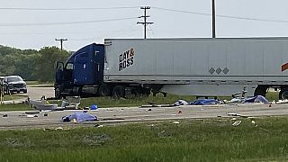 This photo shows the scene of a major collision that has closed a section of the Trans-Canada Highway near Carberry, Manitoba on Thursday June 15, 2023