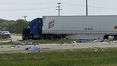 This photo shows the scene of a major collision that has closed a section of the Trans-Canada Highway near Carberry, Manitoba on Thursday June 15, 2023