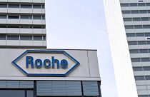A photograph shows the Swiss pharma giant Roche headquarters in Basel on 28 September 2021.