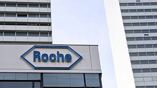 A photograph shows the Swiss pharma giant Roche headquarters in Basel on 28 September 2021.