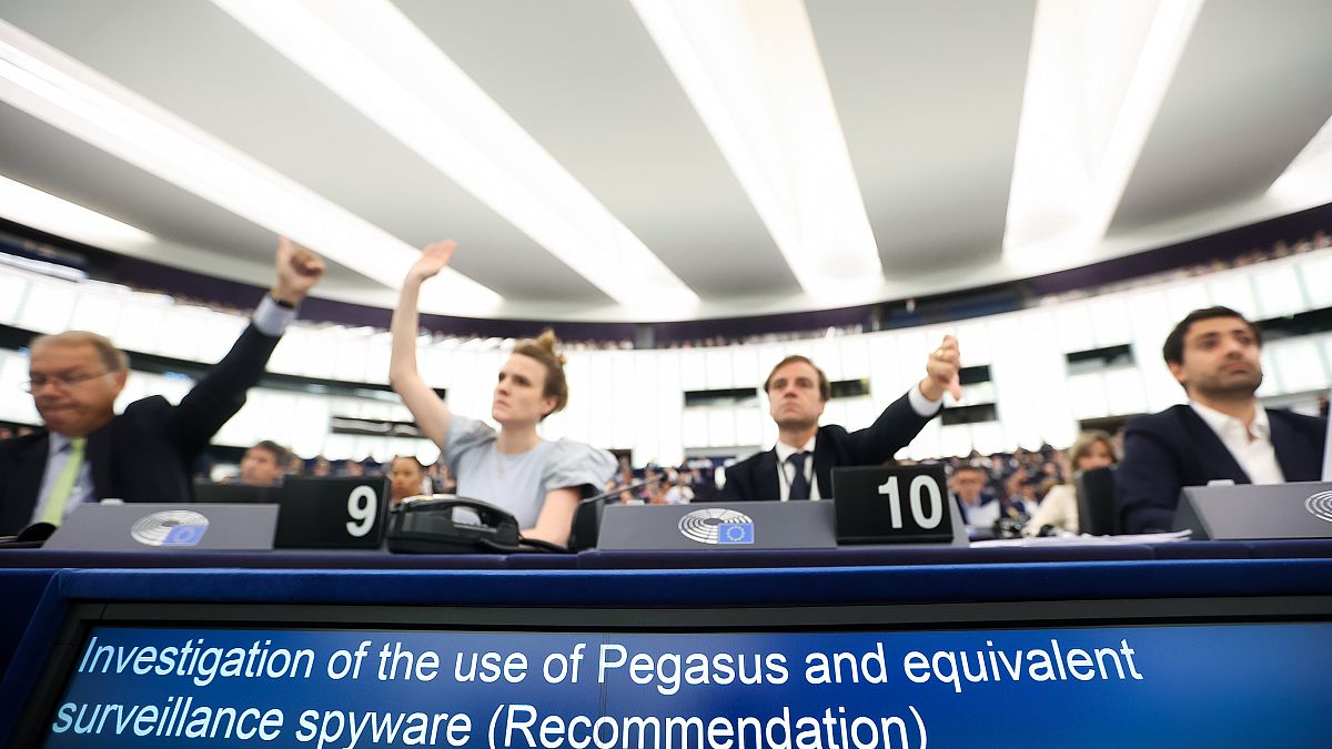 MEPs vote at the PEGA committee in the European Parliament in Strasbourg.