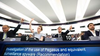 MEPs vote at the PEGA committee in the European Parliament in Strasbourg.