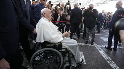 Pope Francis leaves the Agostino Gemelli University Polyclinic in Rome, Friday, June 16, 2023, nine days after undergoing abdominal surgery.