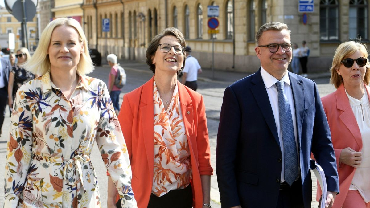 The leaders of the four parties which make up Finland's new coalition government, 16 June 2023
