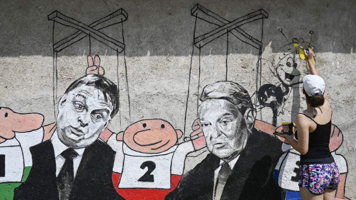 Macaristan Başbakanı Viktor Orban ile George Soros'un yer aldığı bir duvar resmi