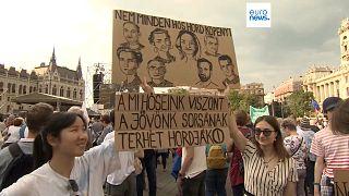 Teachers in Hungary protest 'revenge' education bill, 16 June, 2023. 