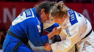 Greece's Elisavet Teltsidou defeats Dutch Olympic Bronze Medallist Sanne Van Dijke at -70kg