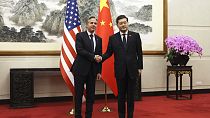 US Secretary of State Antony Blinken, left, shakes hands with Chinese Foreign Minister Qin Gang, right, at the Diaoyutai State Guesthouse in Beijing, China, Sunday, June 18,