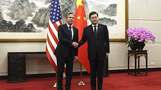 US Secretary of State Antony Blinken, left, shakes hands with Chinese Foreign Minister Qin Gang, right, at the Diaoyutai State Guesthouse in Beijing, China, Sunday, June 18,