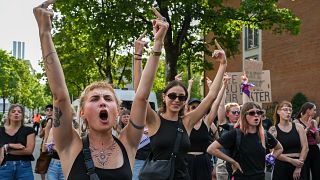 Swiss Women's rights group members demonstrate prior to the opening of a concert of Rammstein music band at Wankdorf Stadium in Bernon June 17, 2023.