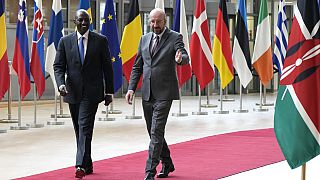 European Council President Charles Michel, right, speaks with Kenya's President William Ruto.