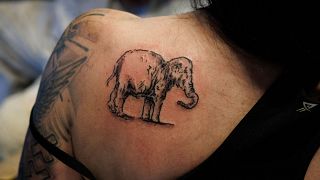 Detail of the shoulder of Lilian Ramcharan, a security manager at Rembrandt House Museum after she received a tattoo of 'Rembrandt’s elephant'.