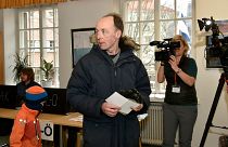 The chairman of the Finns Party and parliamentary candidate Jussi Halla-aho votes in the parliamentary elections, in Helsinki, Finland Sunday, April 14, 2019.