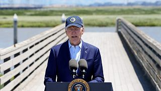 US President Joe Biden speaks at the Lucy Evans Baylands Nature Interpretive Centre and Preserve in Palo Alto, Calif., Monday, 19 June 2023.