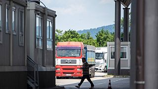 Kosovar Trucks transporting Serbian made goods blocked at the Merdare border crossing between Serbia and Kosovo on June 20, 2023.