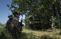 Ukrainian marines prepare their antiaircraft machine gun ZU-23 positions on the outskirts of Avdiivka, Ukraine, Monday, June 19, 2023.