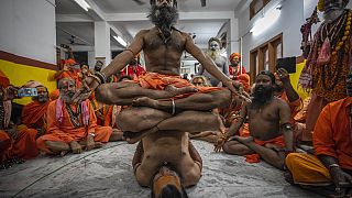 Des hindous exerçant du yoga pour la Journée internationale du yoga au temple Kamakhya à Guwahati, Assam, Inde, le 21/06/2023