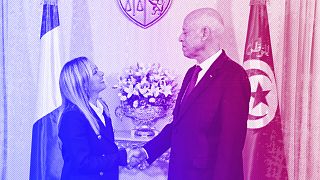 Tunisian President Kais Saied shakes hands with Italian Prime Minister Giorgia Meloni, 6 June 2023