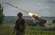 A Ukrainian MSLR BM-21 "Grad" fires towards Russian positions, near Bakhmut at the frontline in Donetsk region, Ukraine, Wednesday, June 21, 2023.