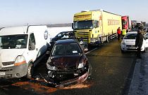 Some of the 40 cars that collided in dense fog on a highway near the city of Gliwice in southern Poland in 2011.