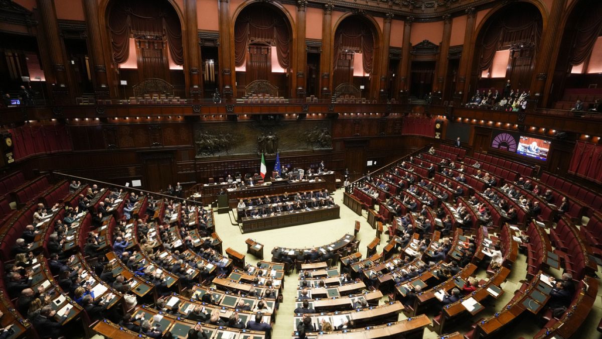 Italian Premier Giorgia Meloni talks at the Chamber of Deputies, the Italian Parliament's lower house.