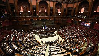 Italian Premier Giorgia Meloni talks at the Chamber of Deputies, the Italian Parliament's lower house.