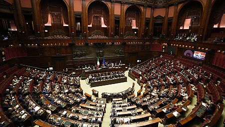 Italian Premier Giorgia Meloni talks at the Chamber of Deputies, the Italian Parliament's lower house.