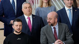 Ukraine's President Volodymyr Zelenskyy, Hungary's Prime Minister Viktor Orban and EU Council President Charles Michel during a EU summit in Brussels. 9 February 2023