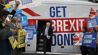 Britain's Prime Minister Boris Johnson addresses his supporters prior to boarding his General Election campaign trail bus in Manchester, England, Friday, Nov. 15, 2019.