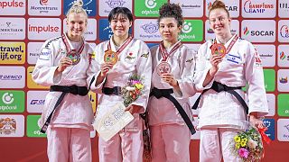 The podium of the women -70 kg category.
