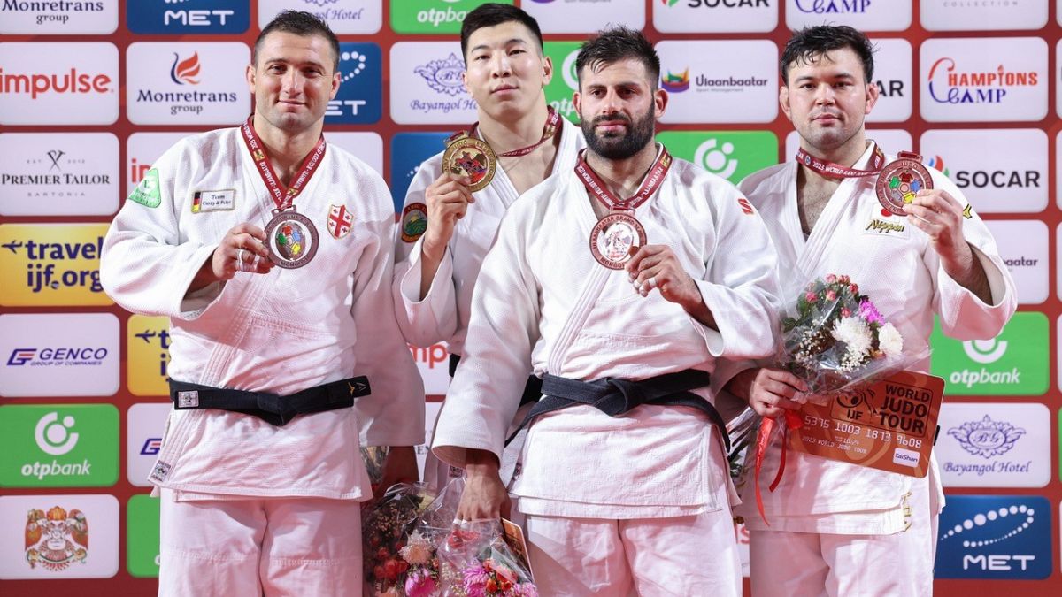 The men's podium on the third day of the Judo Grand Slam in Mongolia
